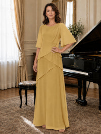 Asymmetric Draped Chiffon Mother of the Bride Dress with Flutter Sleeves
