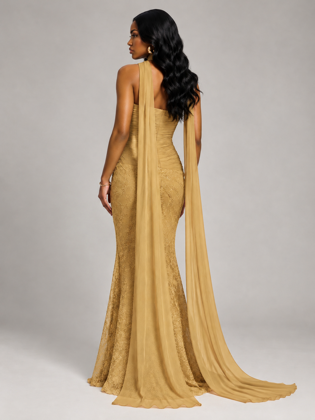 Pleated Chiffon Lace Prom Dresses Long Bodycon Mermaid with Scarf