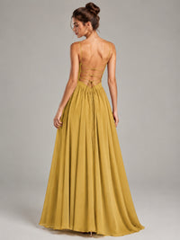 Spaghetti Strap Ruched Chiffon Maxi Dress with Backless