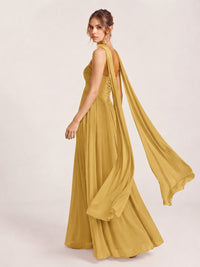 Strapless Ruched Chiffon Long Prom Dress with Scarf