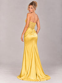 Strapless Satin Prom Dress with Sheer Lace Corset & High Slit
