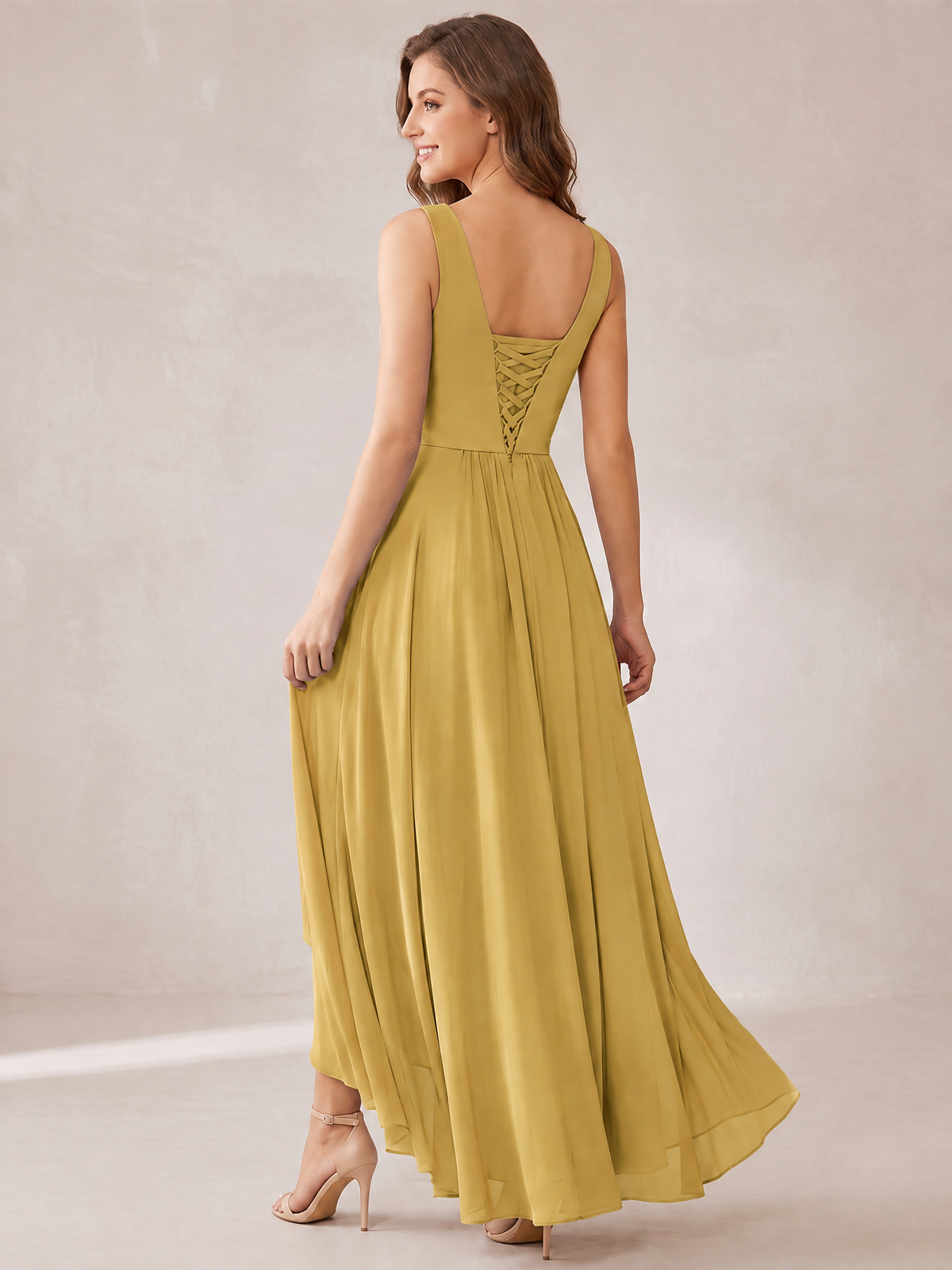V-Neck High-Low Chiffon Bridesmaid Dress with Ruffles