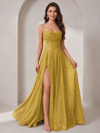 Sparkly Cowl Neck Corset Long Prom Dress with Slit A-line Tulle Ball Gown