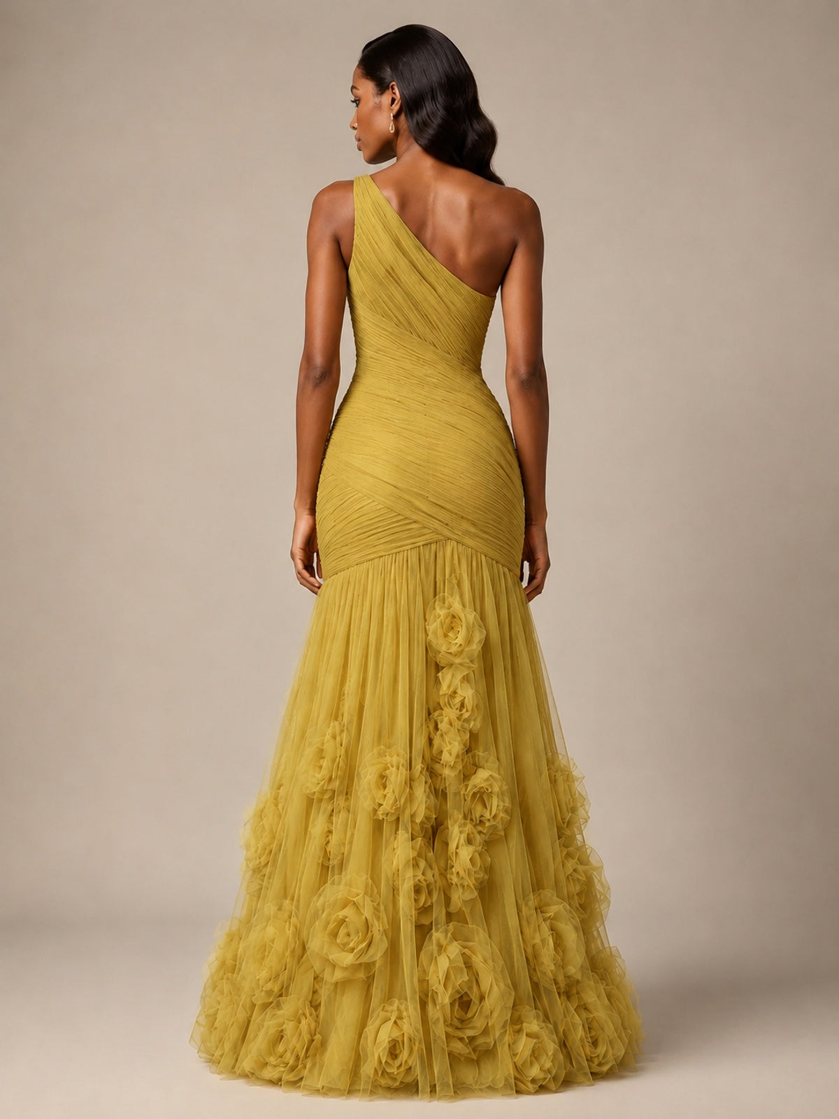 Blush Pink One Shoulder 3D Floral Mermaid Prom Dress