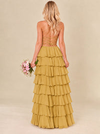 Ruffled Tiered Chiffon Prom Dress Spaghetti Straps Formal Maxi Dress with Slit