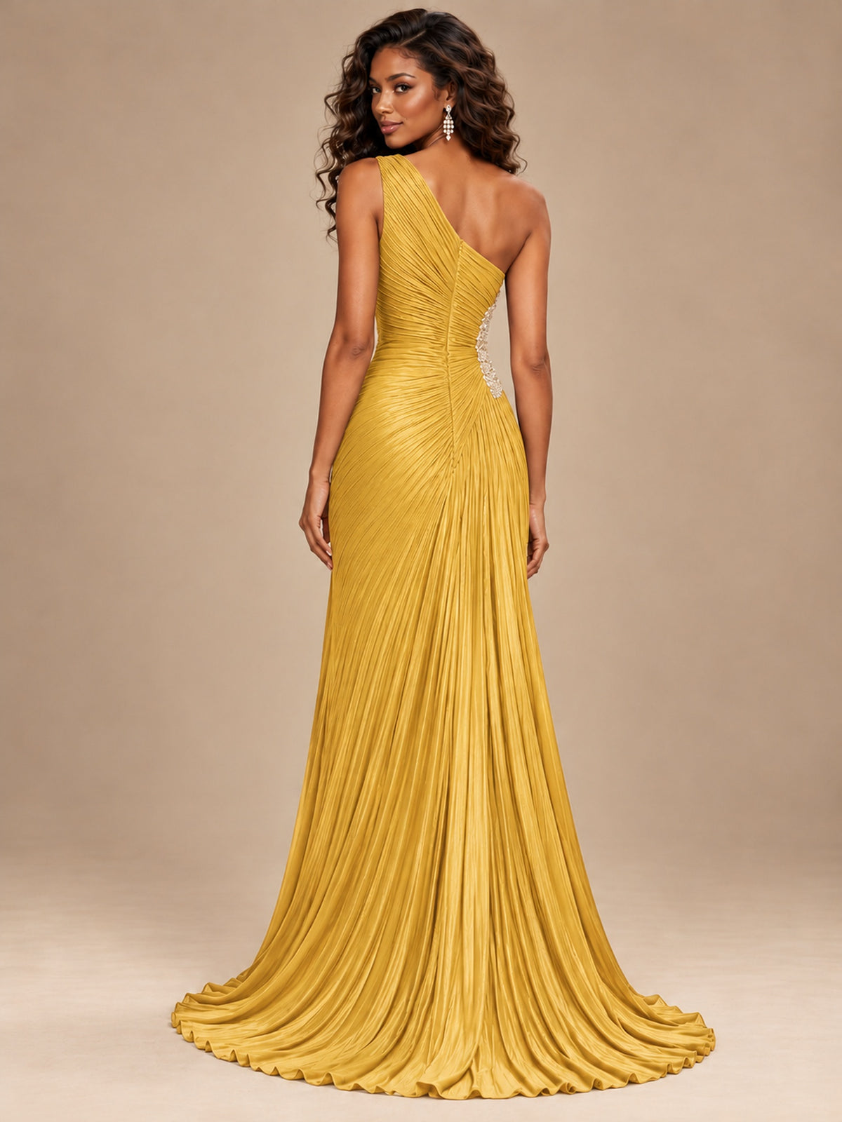 Burgundy One Shoulder Ruched Prom Dress with High Slit & Beaded Waist