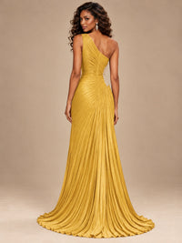 Burgundy One Shoulder Ruched Prom Dress with High Slit & Beaded Waist