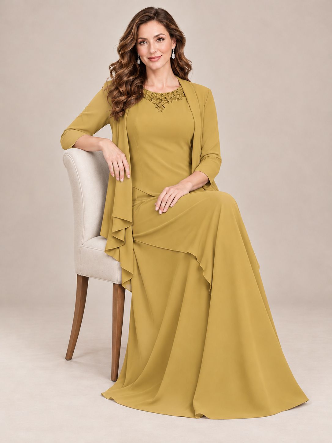 Dusty Blue Two-Piece Chiffon Mother of the Bride Dress with Jacket