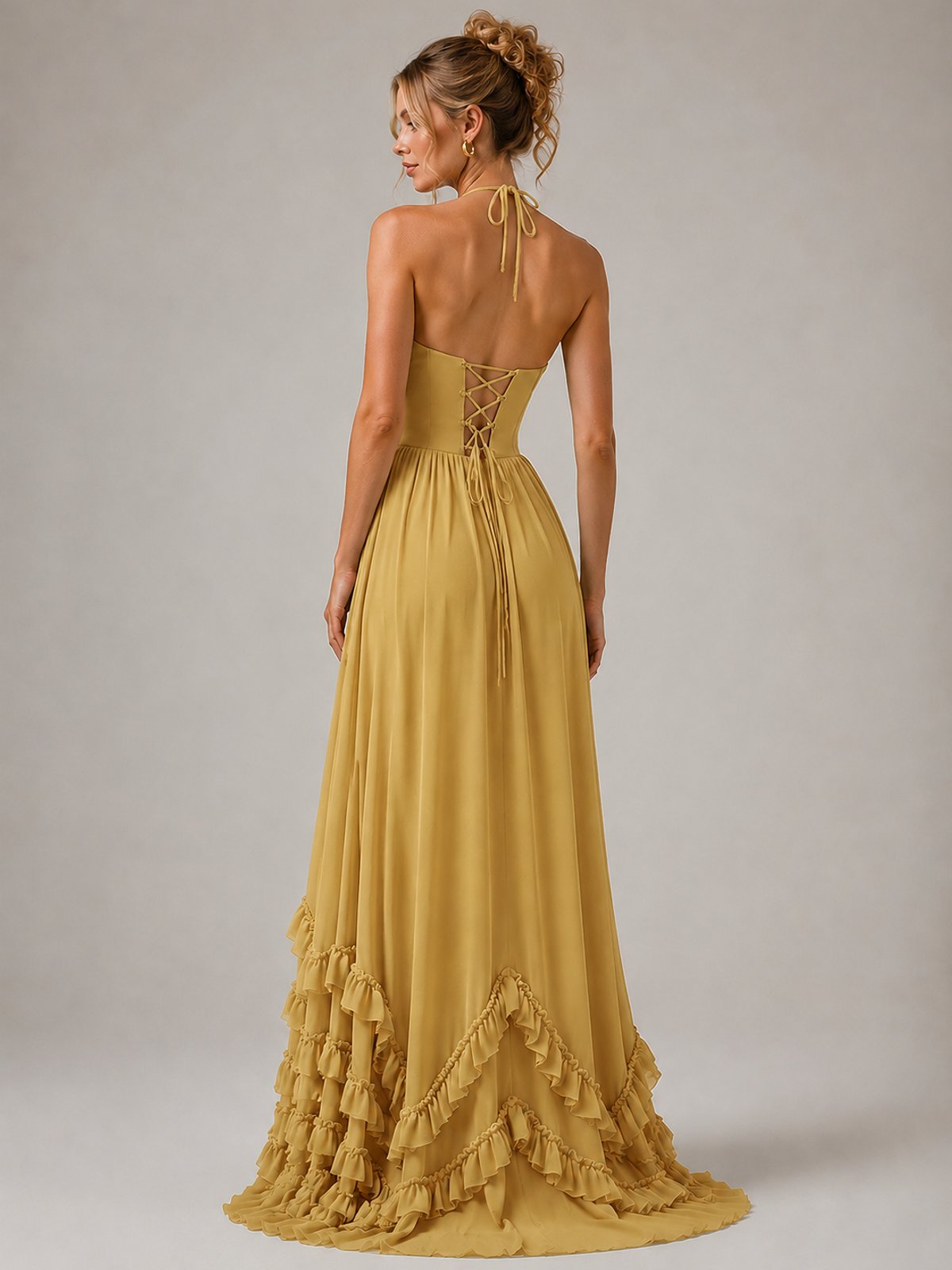 Halter V Neck Chiffon Formal Dress with Lace-Up Back and Ruffle Hem