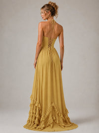 Halter V Neck Chiffon Formal Dress with Lace-Up Back and Ruffle Hem