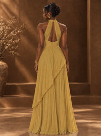 Wrap Pleated Prom Dress Halter A-line Chiffon Formal Wedding Dress