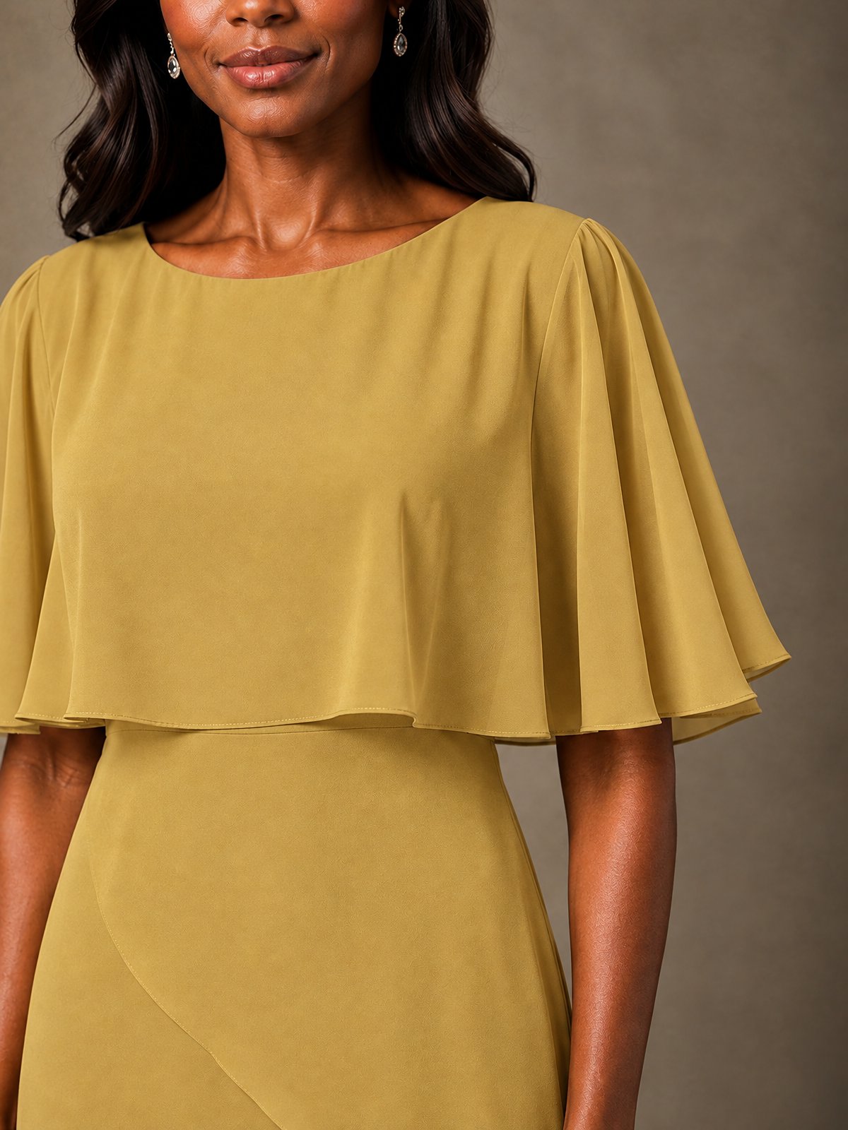 Taupe Chiffon A-Line Mother of the Bride Dress with Cape Sleeves