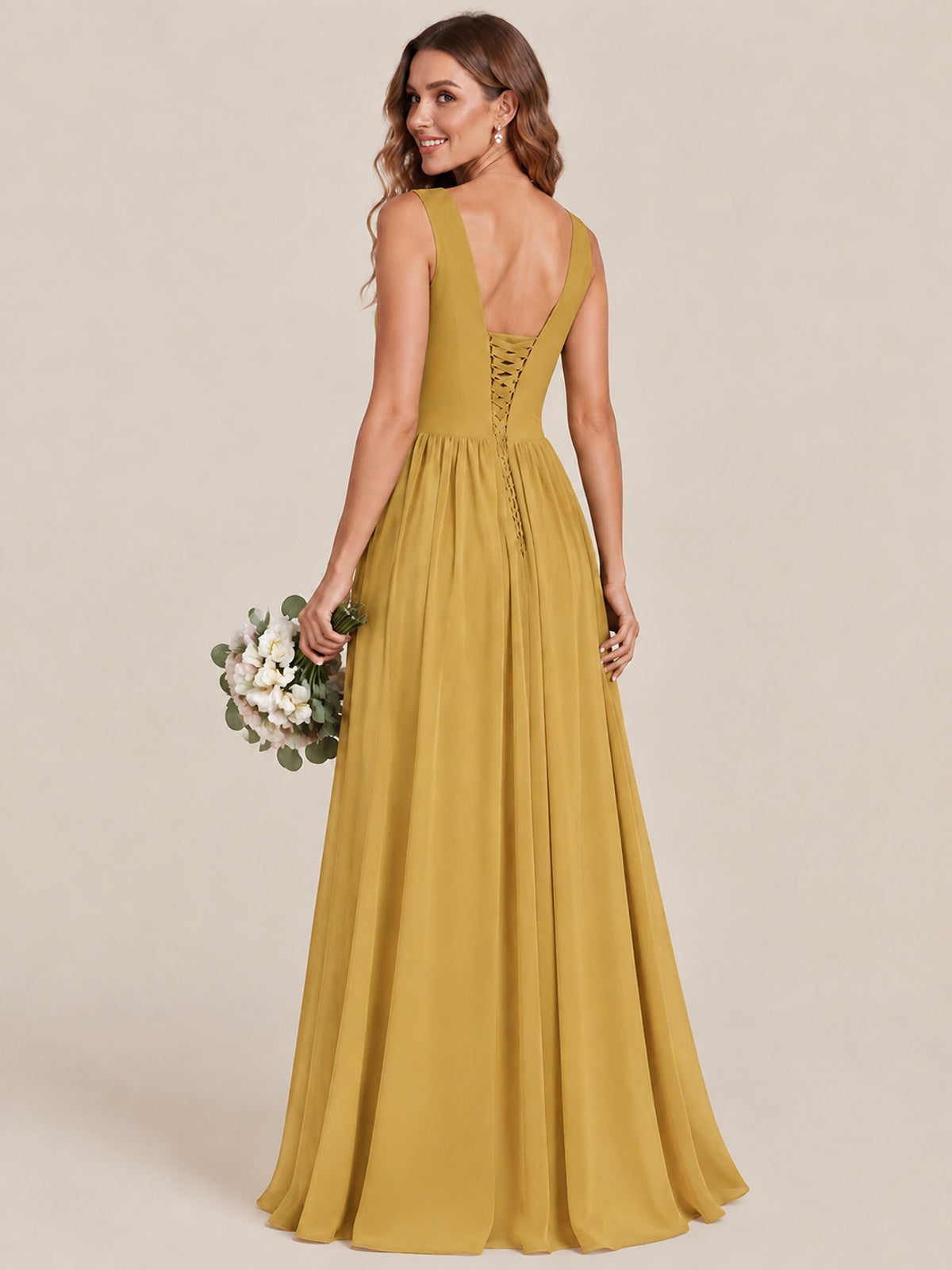 A-line Sleeveless Rucehd Chiffon Bridesmaid Dress with High Slit