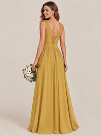 A-line Sleeveless Rucehd Chiffon Bridesmaid Dress with High Slit