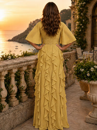 Elegant Chiffon Mother of the Bride Dress with Flutter Sleeves and Ruffle Skirt