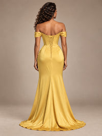 Burgundy Off-the-Shoulder Satin Corset Prom Dress with Slit