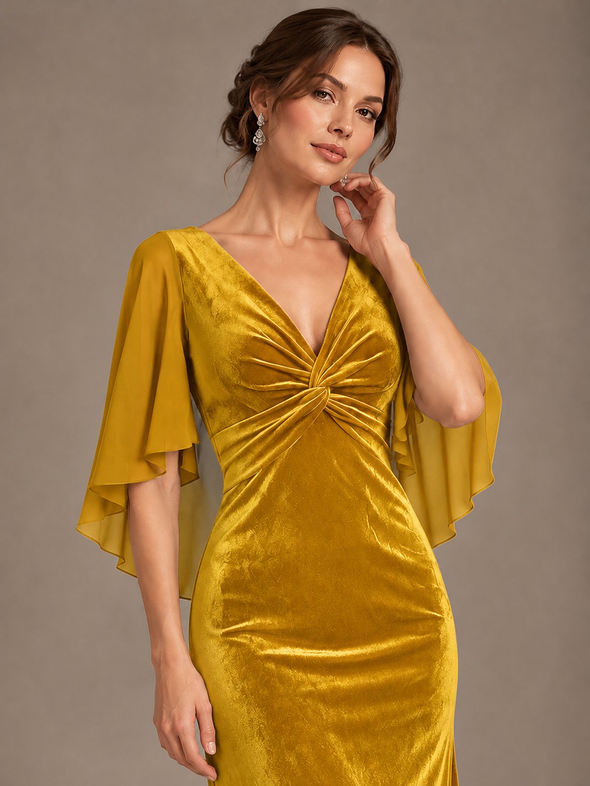 Navy Blue Velvet V Neck Mermaid Formal Dress with Flutter Cape Sleeves