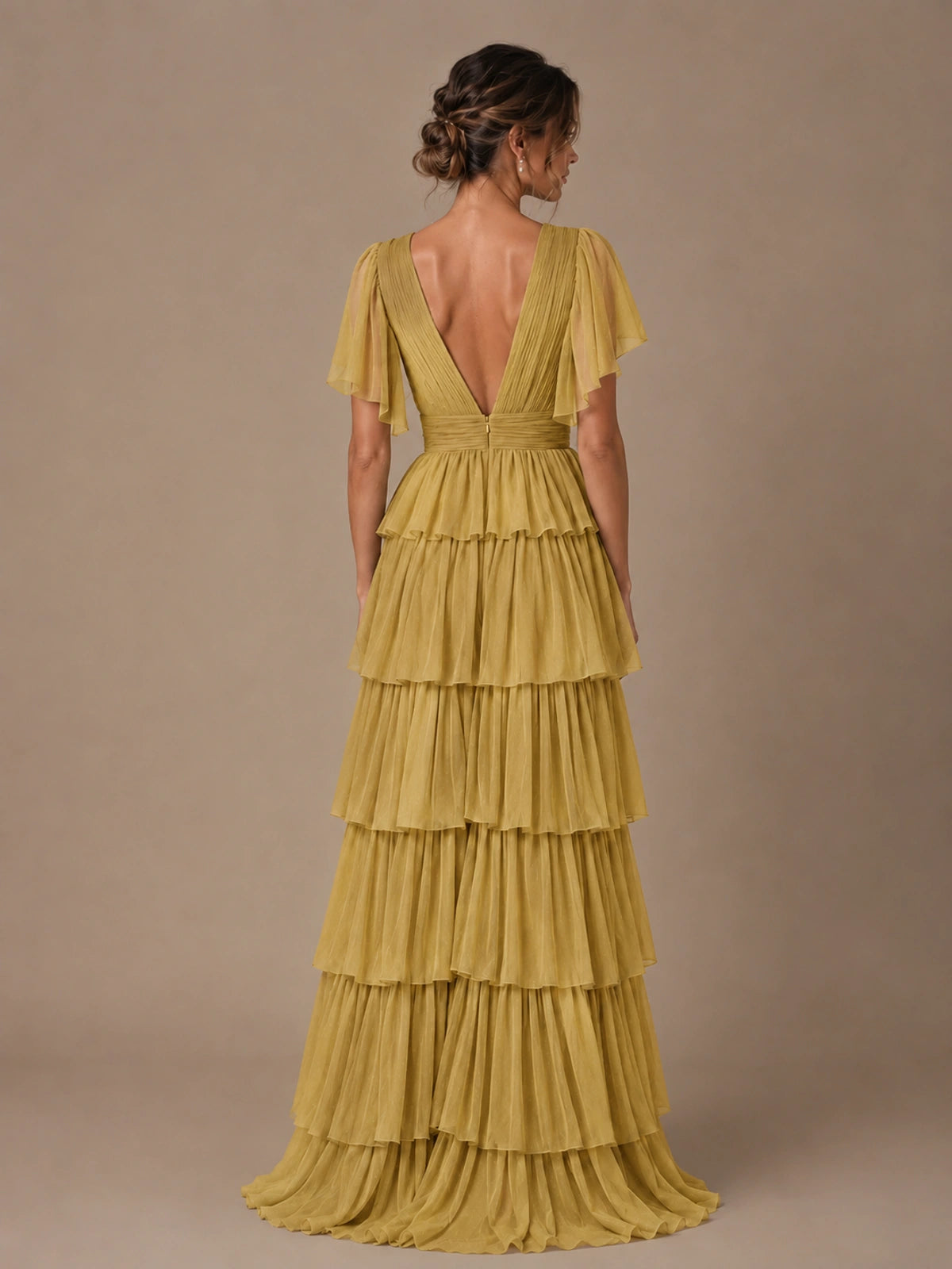 Chiffon V-Neck Tiered Ruffle Bridesmaid Dress with Slit