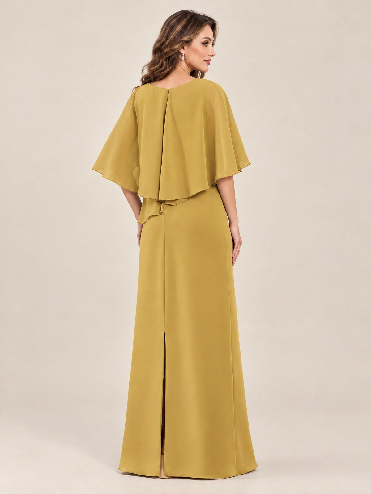 Cape Sleeve Mother of the Bride Dress with Asymmetrical Overlay