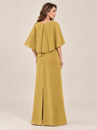 Cape Sleeve Mother of the Bride Dress with Asymmetrical Overlay