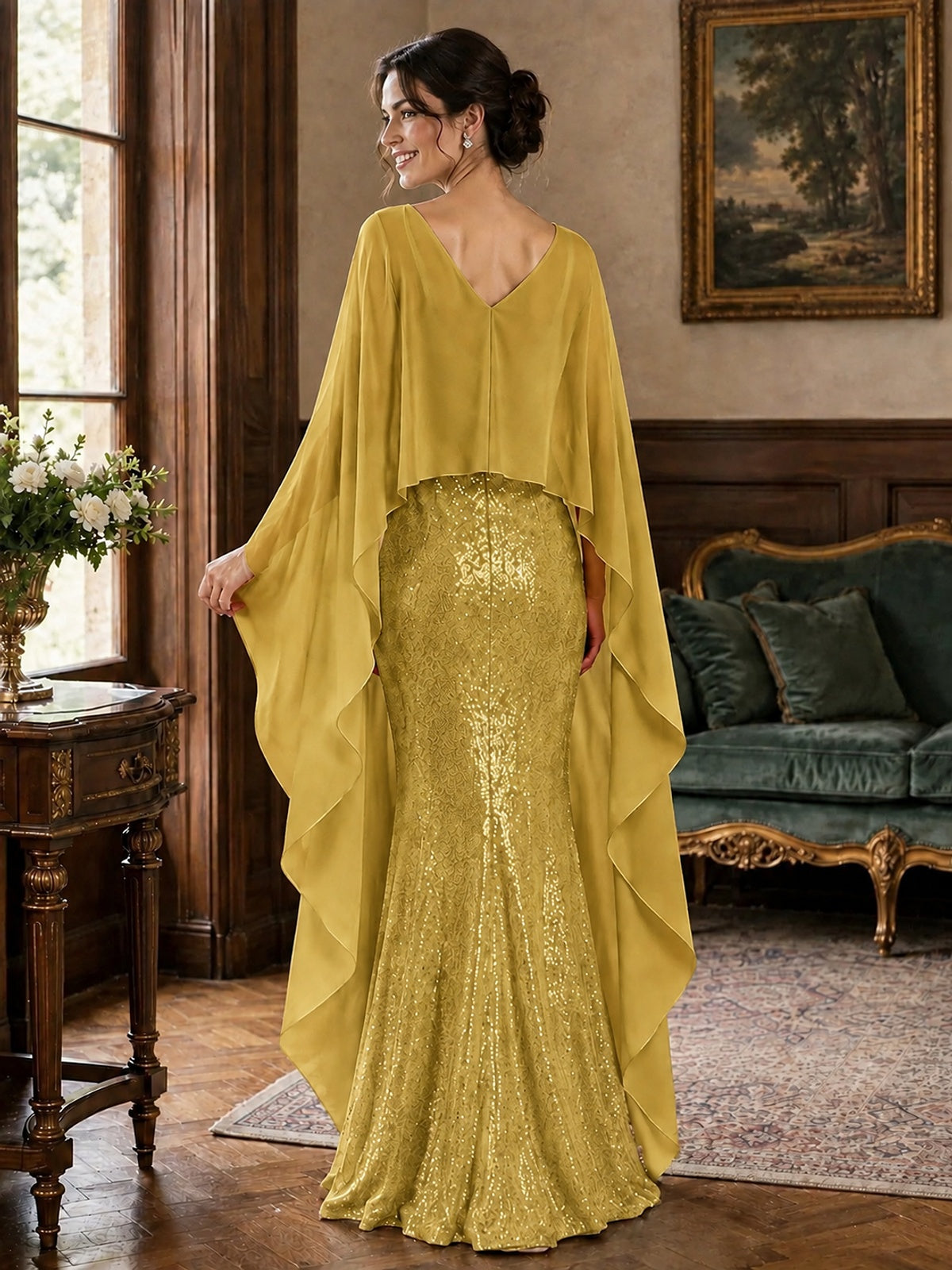 Sequin 2 Pieces Mother of the Bride Dress with Cap Sleeves Chiffon Formal Gowns