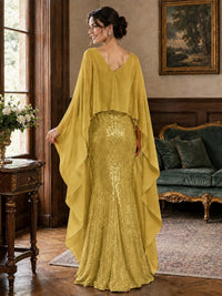Sequin 2 Pieces Mother of the Bride Dress with Cap Sleeves Chiffon Formal Gowns
