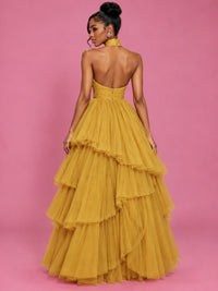 Hot Pink Tulle Halter Neck Tiered Ruffle Maxi Dress