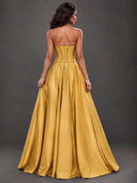 Draped Satin Prom Dress Strapless A-line Formal Dress Floor Length