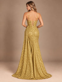 Burgundy Sequin Corset Prom Dress with High Slit