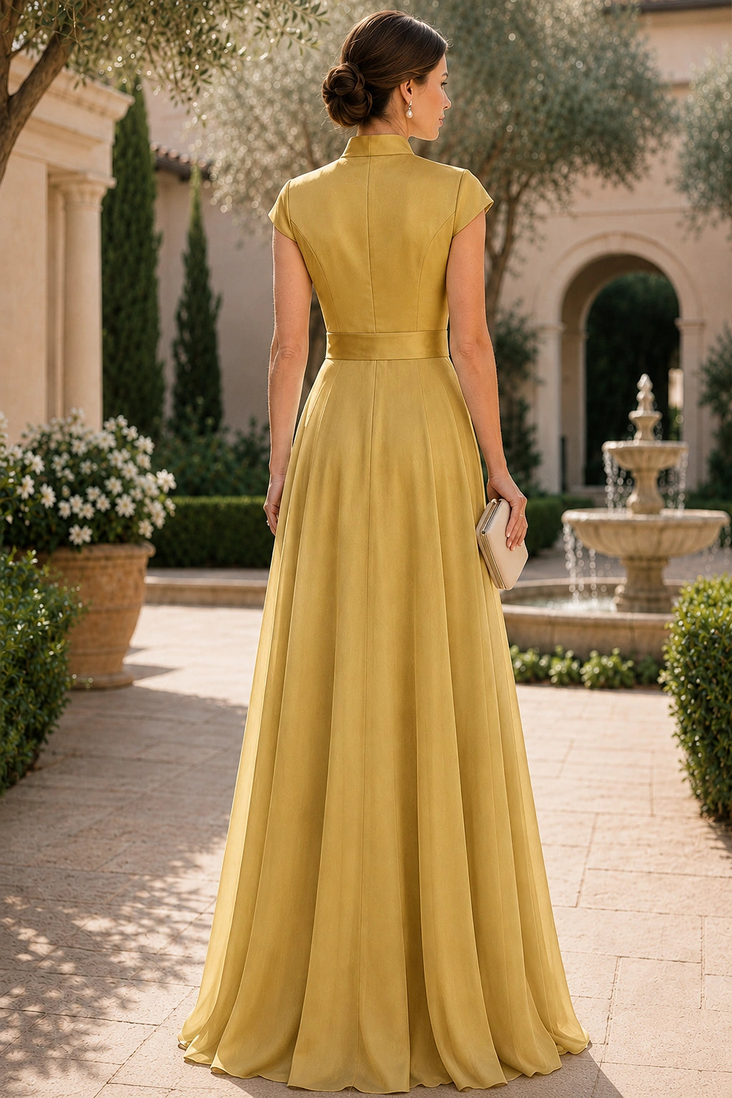 V Neck Cap Sleeve A-Line Floor-Length Satin Bridesmaid Dress