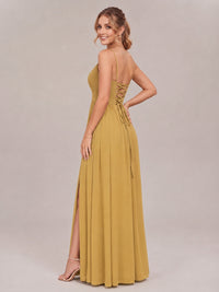 V-Neck Pleated Chiffon Long Bridesmaid Dress with Slit