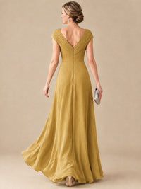 Pleated Chiffon Lace Mother of The Bride Dresses with Beading Cap Sleeves