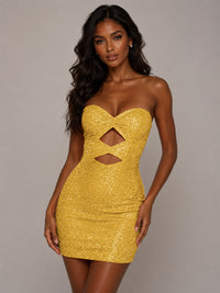 Royal Blue Rhinestone-Embellished Strapless Cut-Out Bodycon Mini Dress