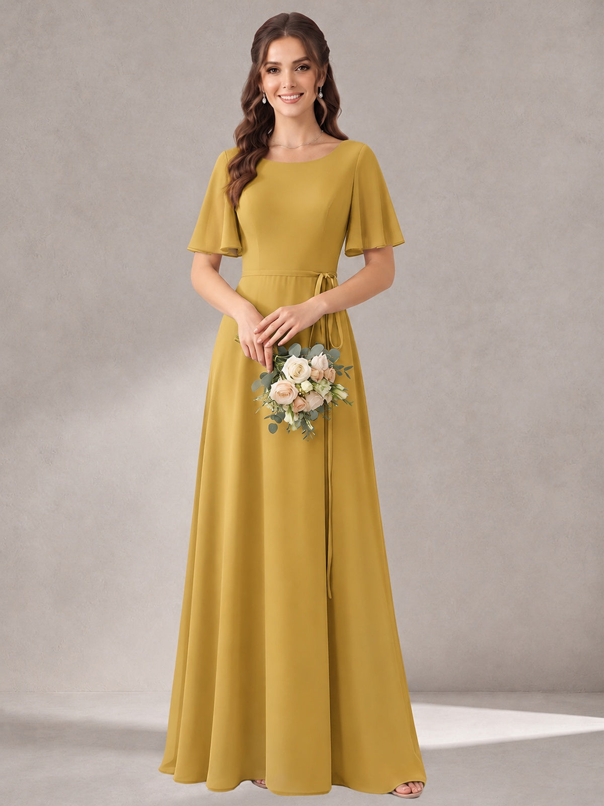 Scoop Neck A-line Chiffon Bridesmaid Dress with Flutter Sleeve & Belt