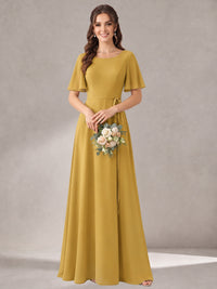 Scoop Neck A-line Chiffon Bridesmaid Dress with Flutter Sleeve & Belt