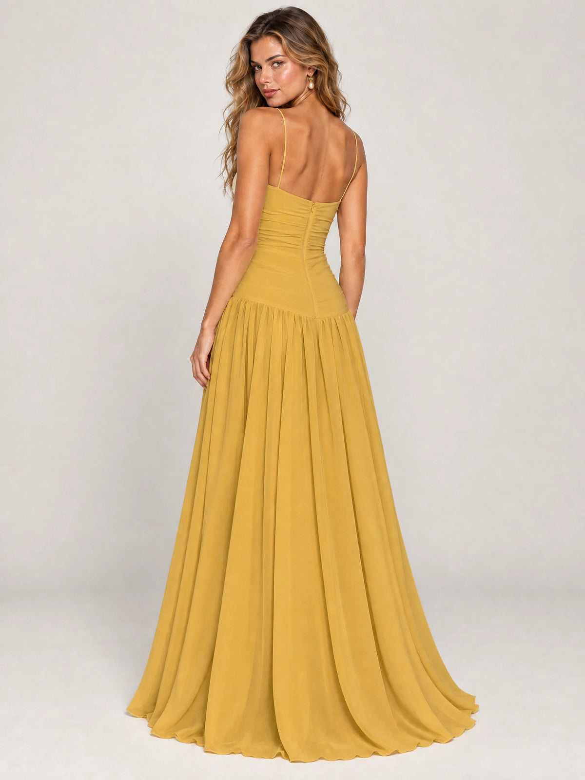 Butter Yellow Ruched Spaghetti Strap Drop-Waist Prom Dress