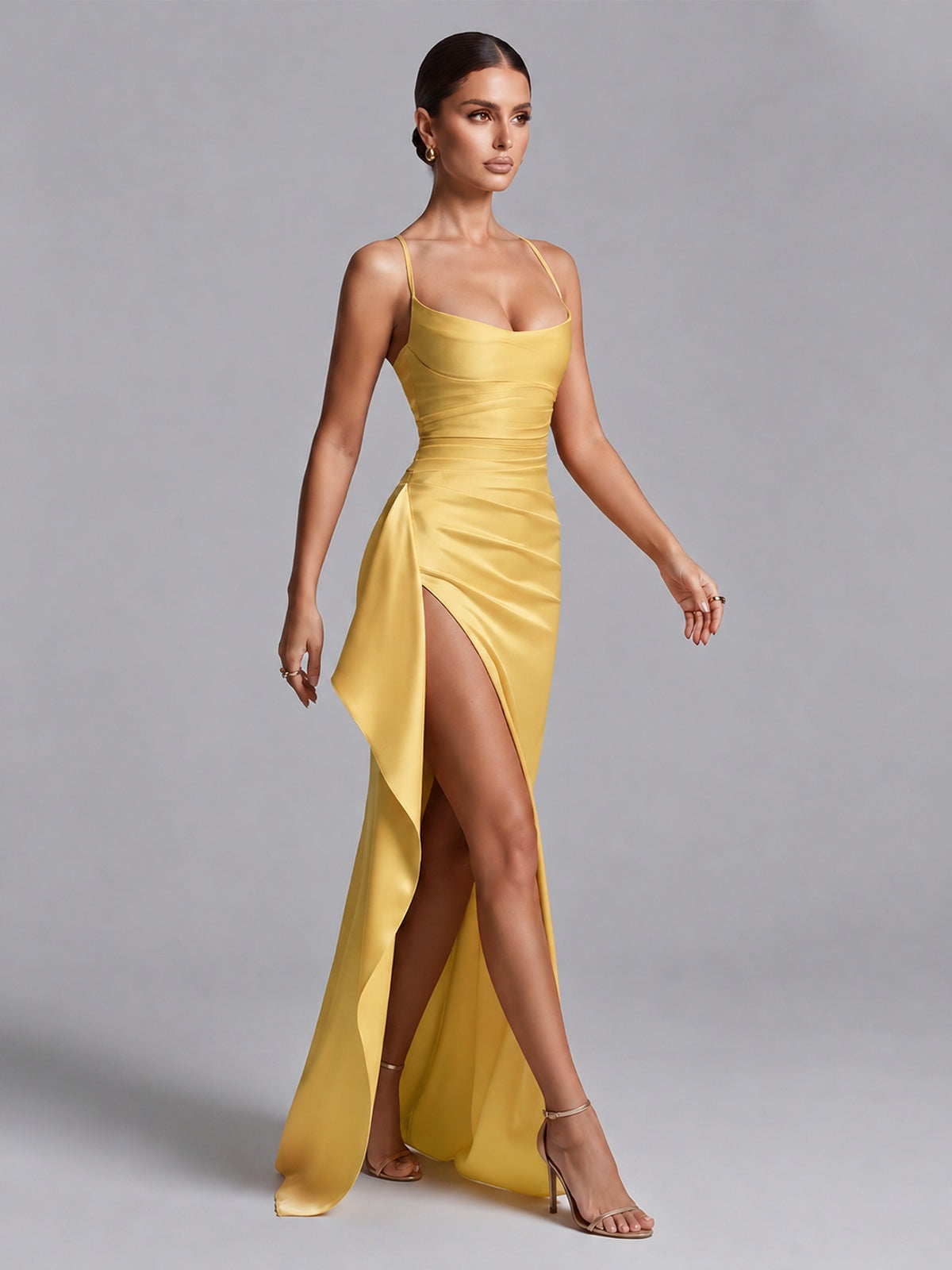 Square Neck Satin Long Prom Dress with Ruffles