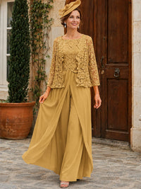 Elegant 3-Piece Chiffon Mother of the Bride Pantsuit with Floral Applique Jacket