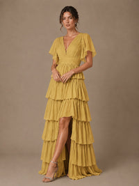 Chiffon V-Neck Tiered Ruffle Bridesmaid Dress with Slit
