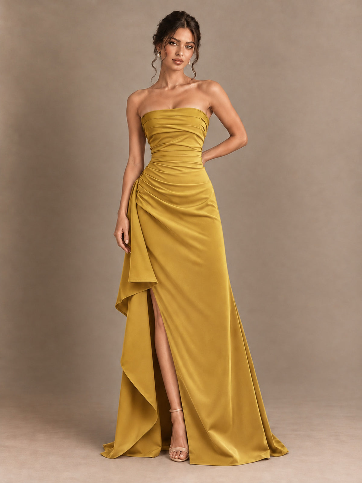 Black and White Strapless Ruched Prom Dress with High Slit & Side Drape