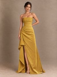 Black and White Strapless Ruched Prom Dress with High Slit & Side Drape