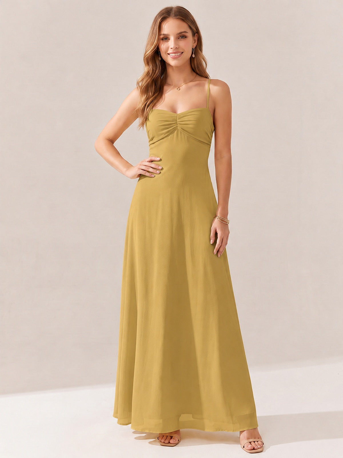 JOVELLEE Yellow Sweetheart Ruched Bust Chiffon Maxi Dress