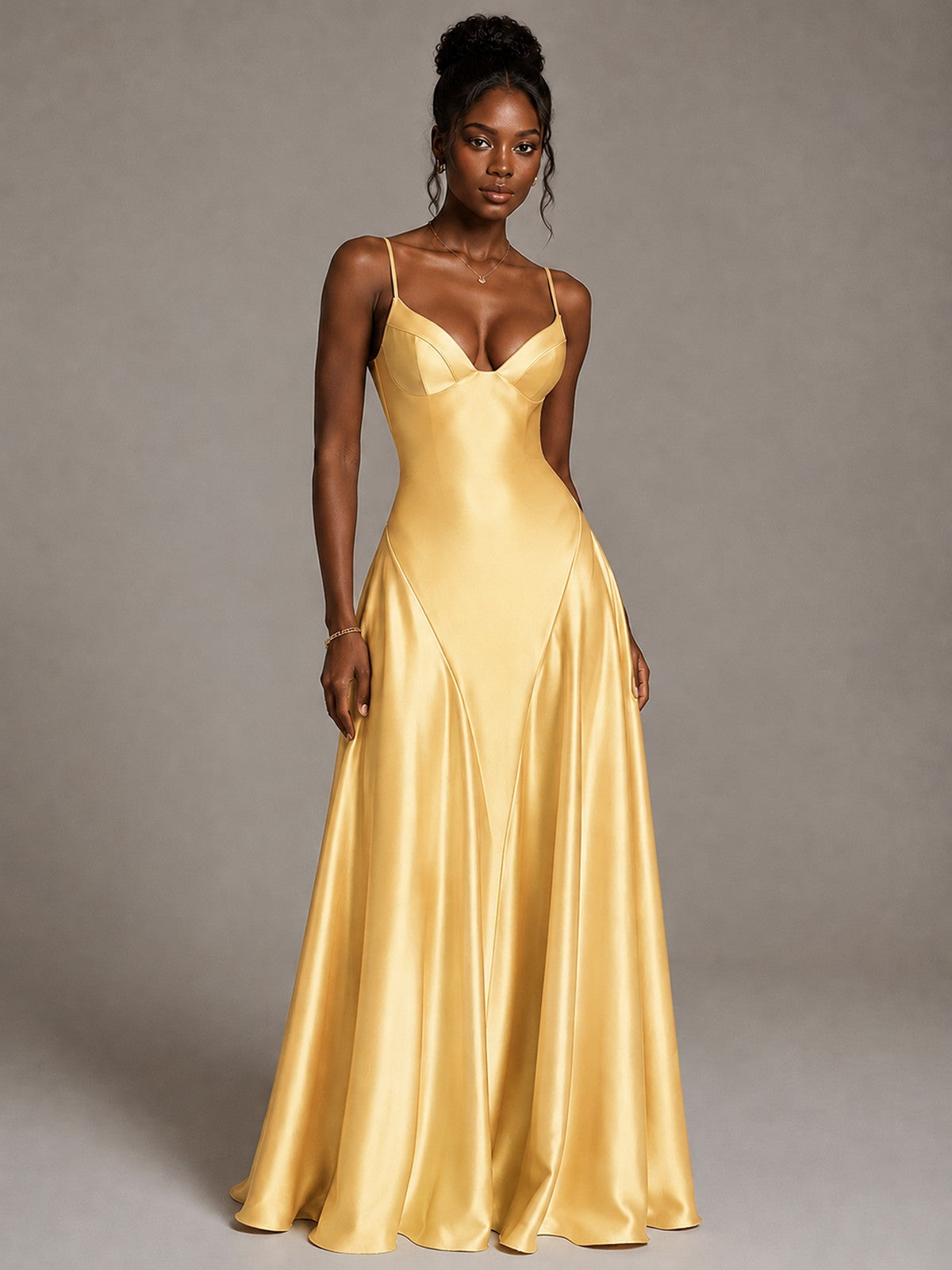 Lavender V Neck Satin Prom Dress with Spaghetti Straps