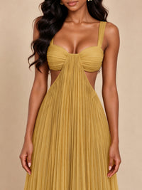 Butter Yellow Pleated Cutout Maxi Dress