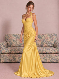 Sparkling Halter Corset Satin Mermaid Prom Dress