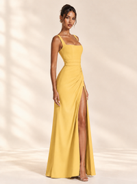 Square Neck Satin Sleeveless Ruched Prom Dress with High Slit