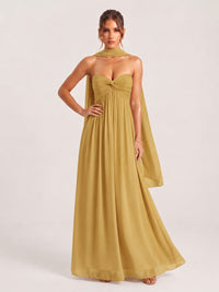 Strapless Ruched Chiffon Long Prom Dress with Scarf