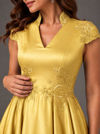 Lace Appliqué A-Line Satin Maxi Dress