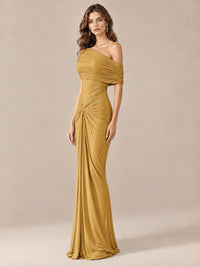 Elegant Draped Off Shoulder Ruched Mermaid Chiffon Formal Evening Gown