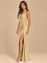 Halter V-Neck Sequin Mermaid Prom Dress with High Slit